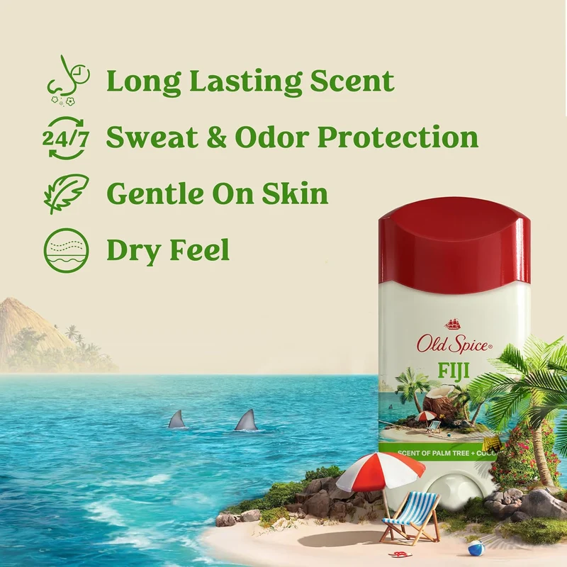 Old Spice Dry Feel Antiperspirant Deodorant for Men, 24/7 Freshness, 24/7 Sweat & Odor Protection - Fiji with Palm Tree + Coconut Scent (Pack of 2)