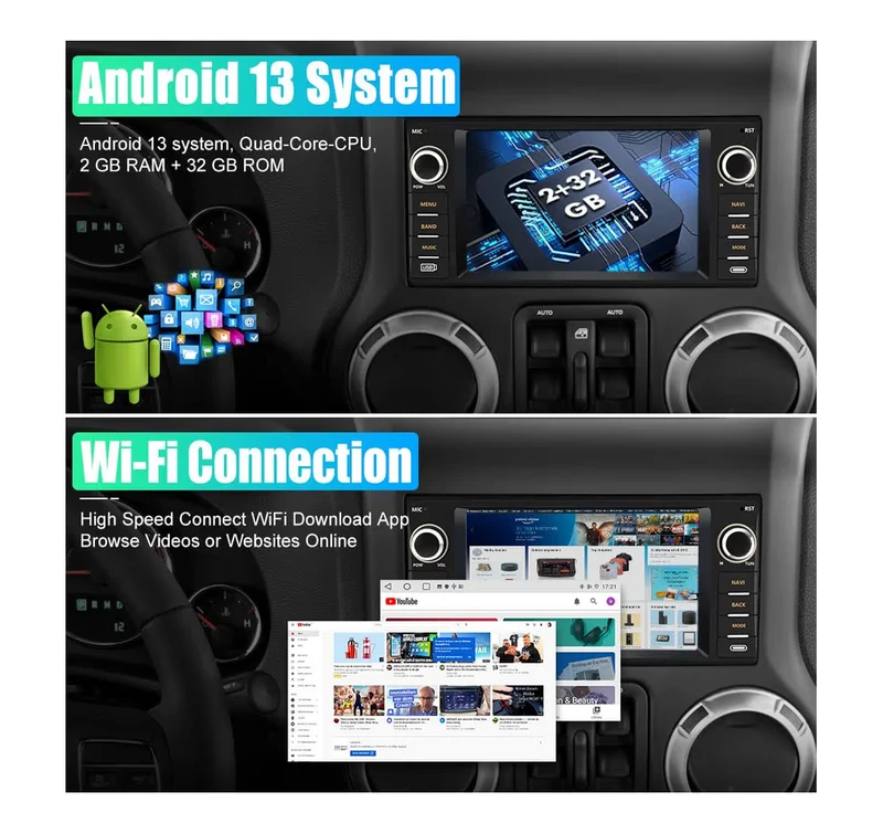 7" Touch Screen WiFi GPS FM Radio + Backup Camera Android Auto / Wireless Carplay Car Stereo for Jeep Wrangler Radio 2007-2018 Chrysler Dodge Ram 1500