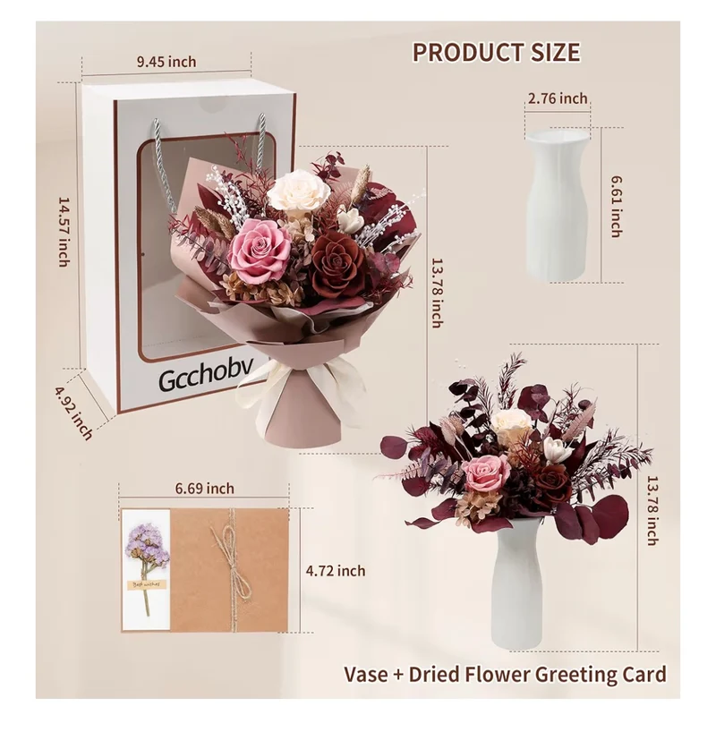 Preserved Flowers Bouquet, Real Eternal Flowers, Gifts - Special Occasion - Caramel