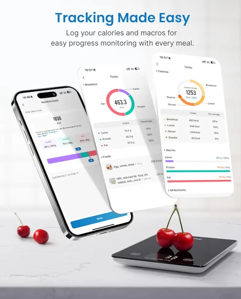 Smart Food Weight Scale w/ Nutritional Calculator, Gram Scale for Weight Loss Cooking Baking Keto Macro Diet - Black Glass
