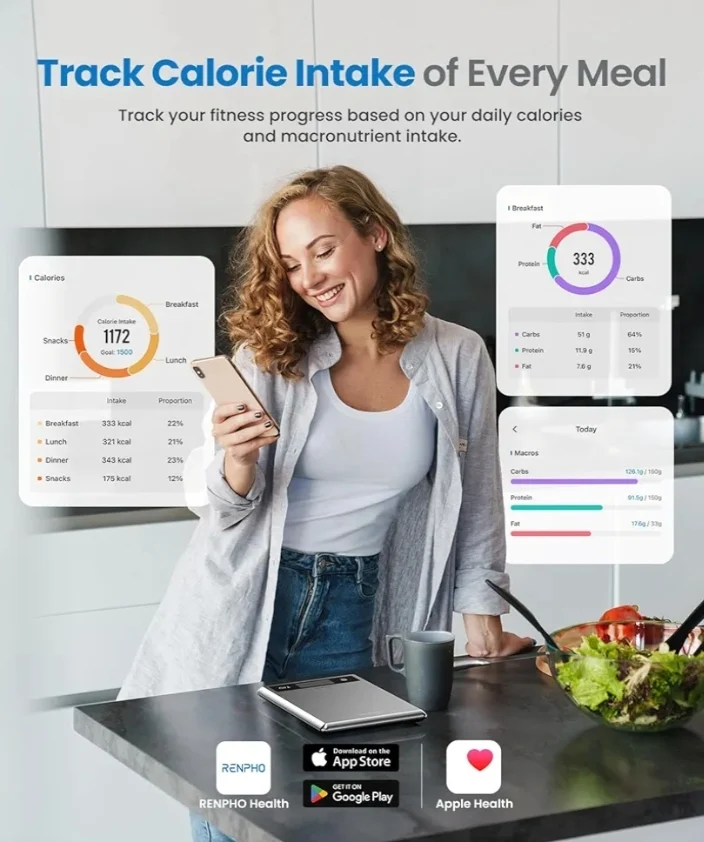 Smart Food Kitchen Scale, Food Weight Scale Grams and Ounces for Weight Loss, Calorie, Macro and Cooking - Stainless Steel