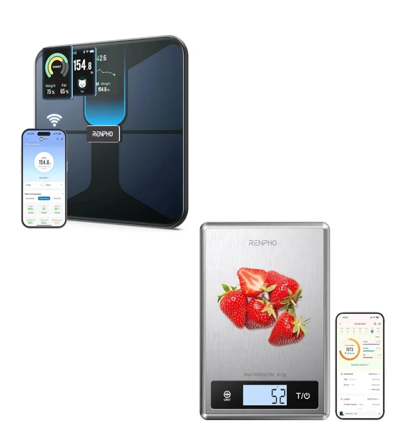 Digital Food Scale with Nutritional Calculator, Stainless Steel, Smart Body Scale with BMI, Body Fat, Muscle Mass