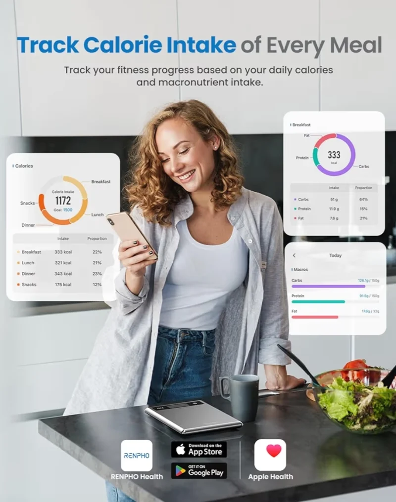 Digital Food Scale with Nutritional Calculator, Stainless Steel, Smart Body Scale with BMI, Body Fat, Muscle Mass