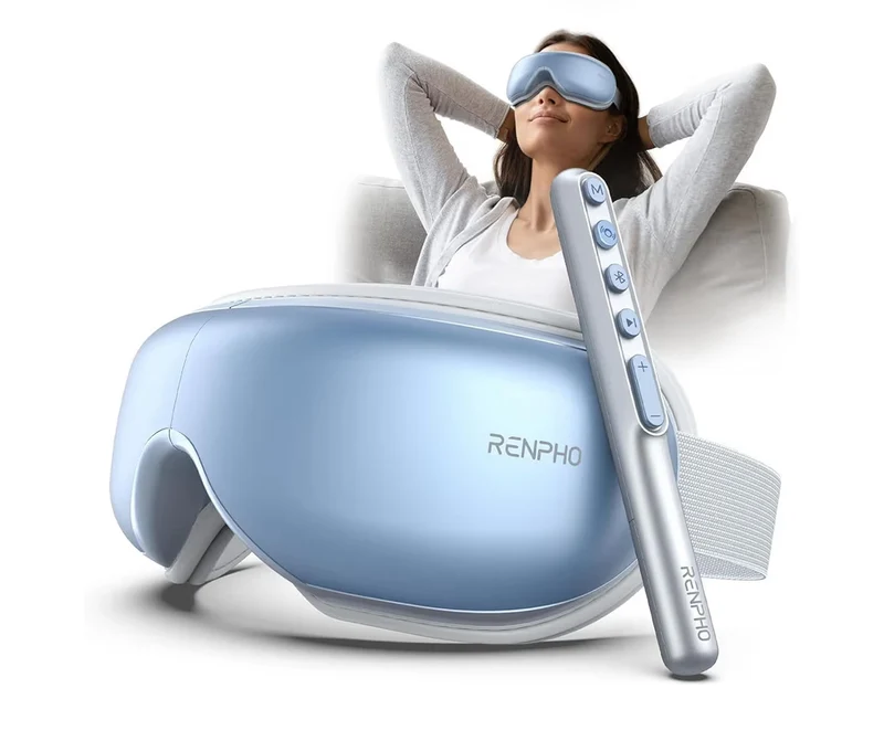 New Eye Massager w/ Heat Eyeris with Remote, Compression, Silent Mode, Bluetooth, Heated Sleep Mask for Strain Relief (Blue)