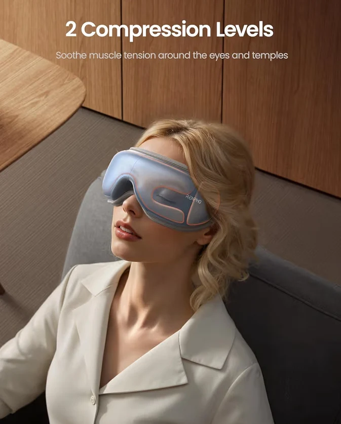 New Eye Massager w/ Heat Eyeris with Remote, Compression, Silent Mode, Bluetooth, Heated Sleep Mask for Strain Relief (Blue)