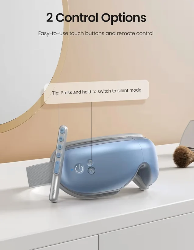 New Eye Massager w/ Heat Eyeris with Remote, Compression, Silent Mode, Bluetooth, Heated Sleep Mask for Strain Relief (Blue)