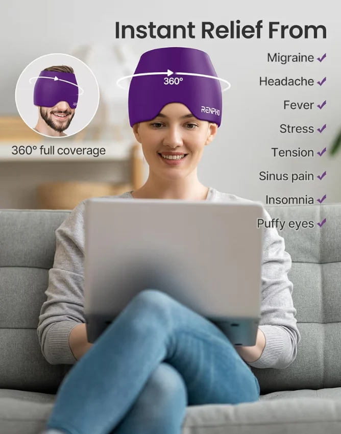 Migraine Relief Cap Ice Head Wrap with Hot or Cold Therapy - Ice Face Mask (Purple)
