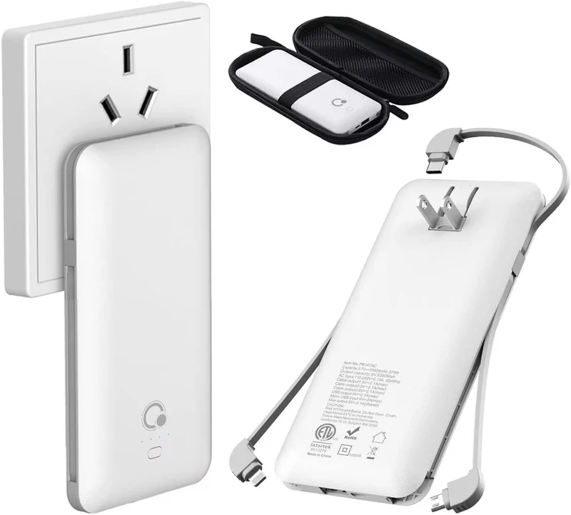 10000mAh Q Portable Charger, Ultra Slim USB C Power Bank, Built IN AC Wall Plug