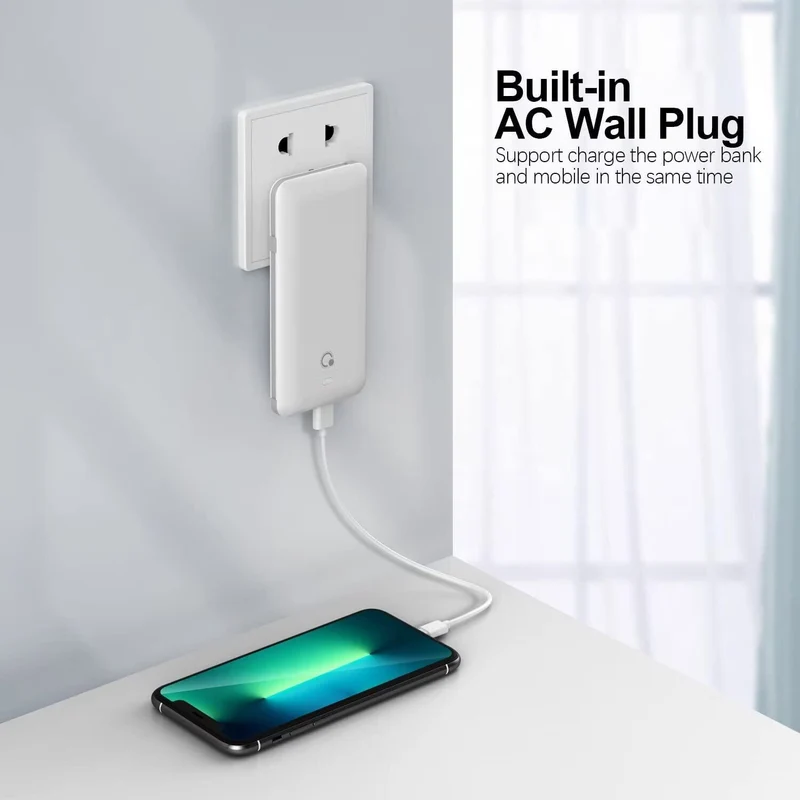 10000mAh Q Portable Charger, Ultra Slim USB C Power Bank, Built IN AC Wall Plug