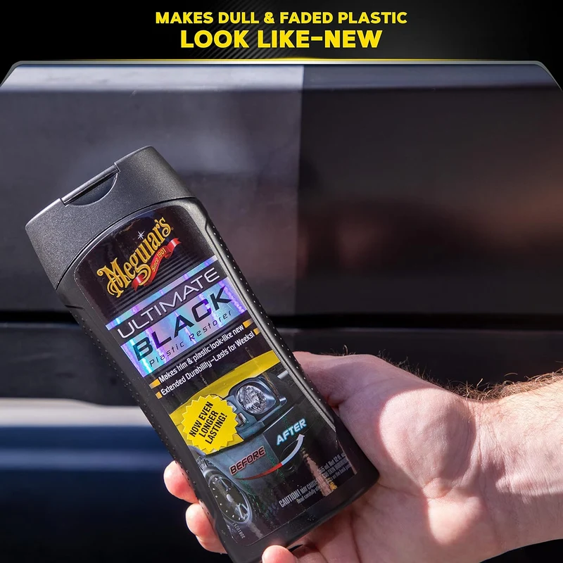 Meguiar's Ultimate Black Plastic Durable Car Restorer for Faded Black Plastic, Vinyl, and Rubber (12 Oz)