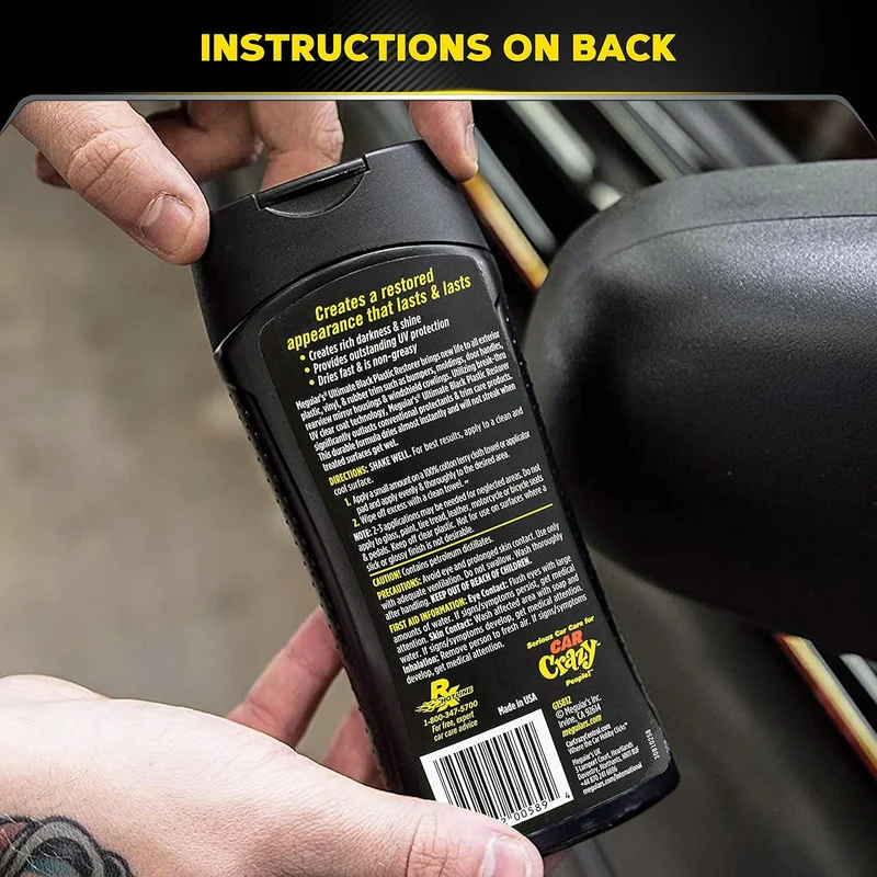 Meguiar's Ultimate Black Plastic Durable Car Restorer for Faded Black Plastic, Vinyl, and Rubber (12 Oz)