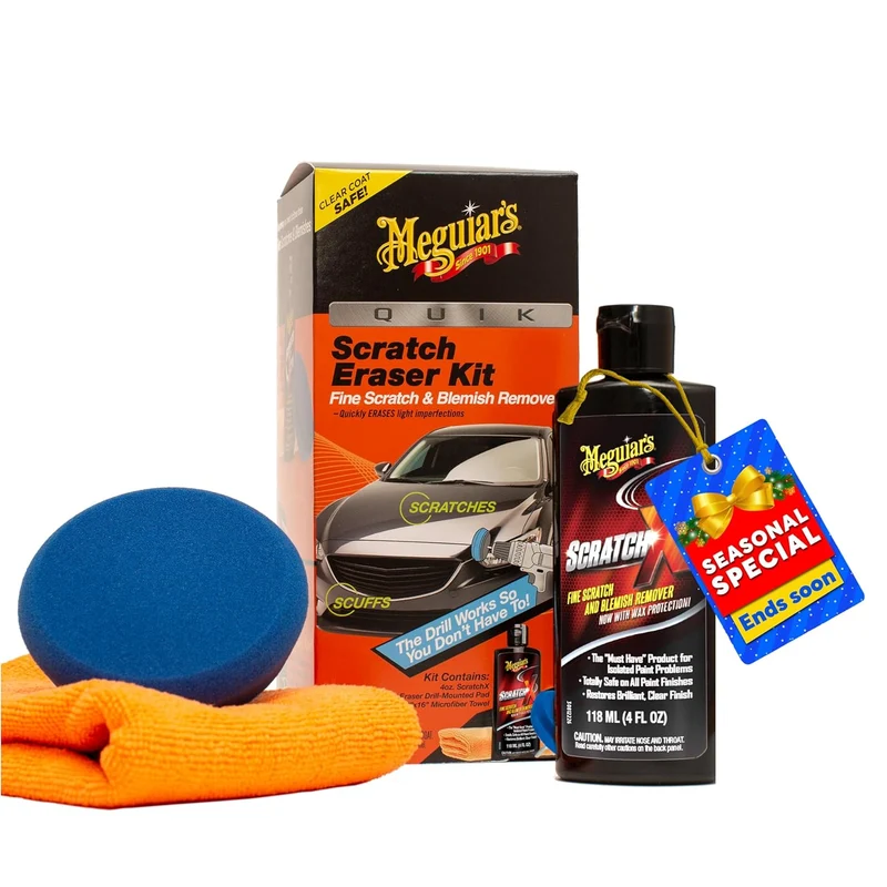 Meguiar’s Quik Scratch Eraser Kit, Car Scratch Remover for Fixing Surface Blemishes, Includes ScratchX, Drill-Mounted Pad, and Microfiber Towell