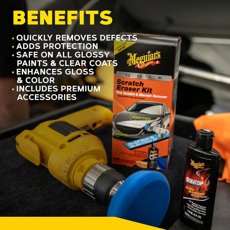Meguiar’s Quik Scratch Eraser Kit, Car Scratch Remover for Fixing Surface Blemishes, Includes ScratchX, Drill-Mounted Pad, and Microfiber Towell