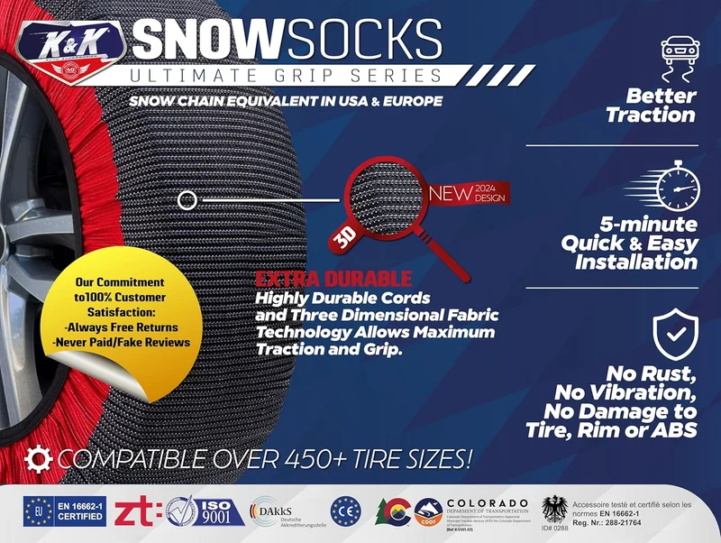 Snow Socks for Tires Pro Series Ultimate Grip Snow Traction Device - Cars/SUVs Winter Emergency Accessory (2XL)