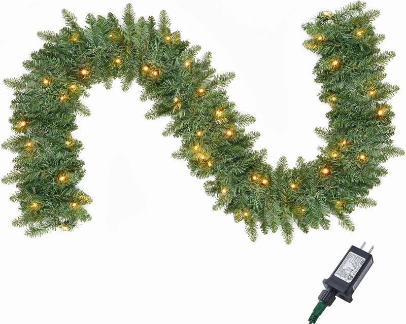 9Ft Christmas Garland Prelit w/ 50CT Light, Plug in Lighted Indoor and Outdoor Holiday Decorations