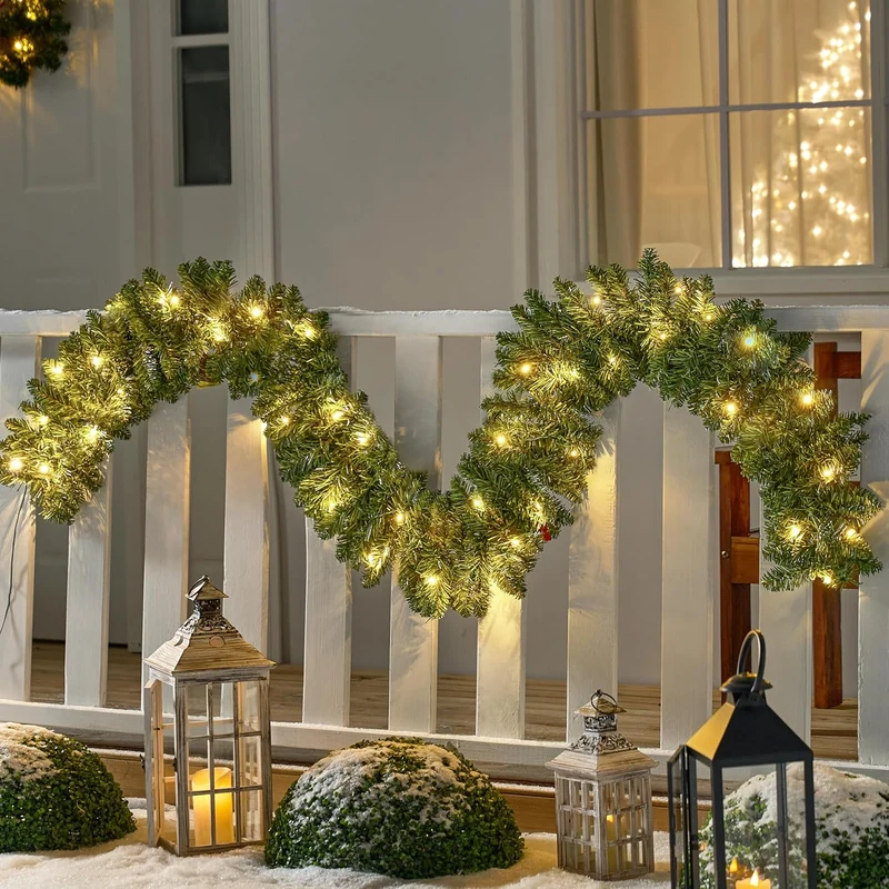 9Ft Christmas Garland Prelit w/ 50CT Light, Plug in Lighted Indoor and Outdoor Holiday Decorations