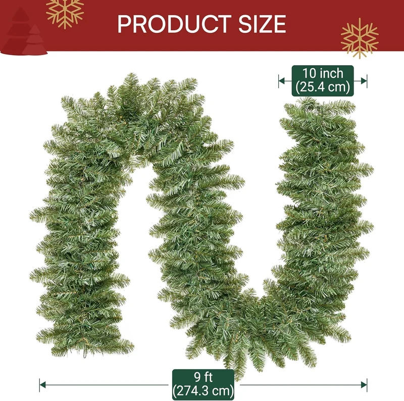 9Ft Christmas Garland Prelit w/ 50CT Light, Plug in Lighted Indoor and Outdoor Holiday Decorations