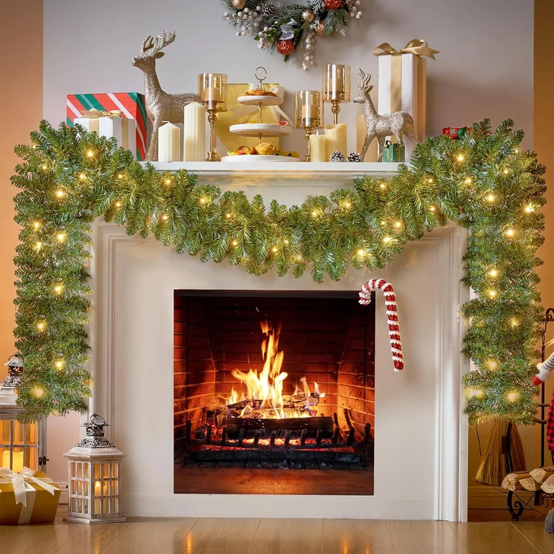9Ft Christmas Garland Prelit w/ 50CT Light, Plug in Lighted Indoor and Outdoor Holiday Decorations