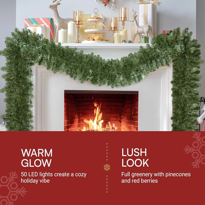 9Ft Christmas Garland Prelit w/ 50CT Light, Plug in Lighted Indoor and Outdoor Holiday Decorations