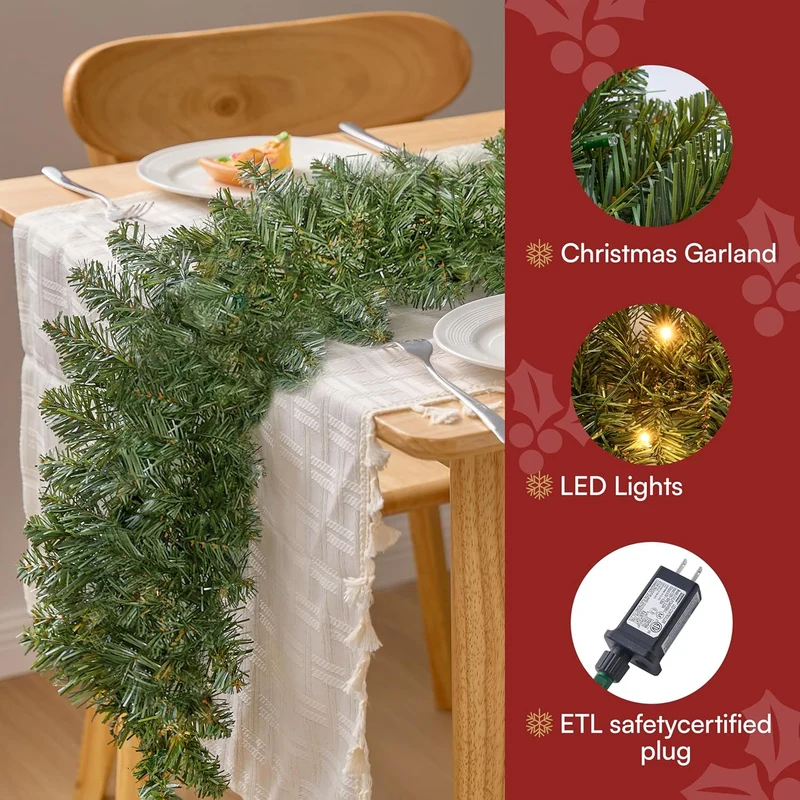 9Ft Christmas Garland Prelit w/ 50CT Light, Plug in Lighted Indoor and Outdoor Holiday Decorations