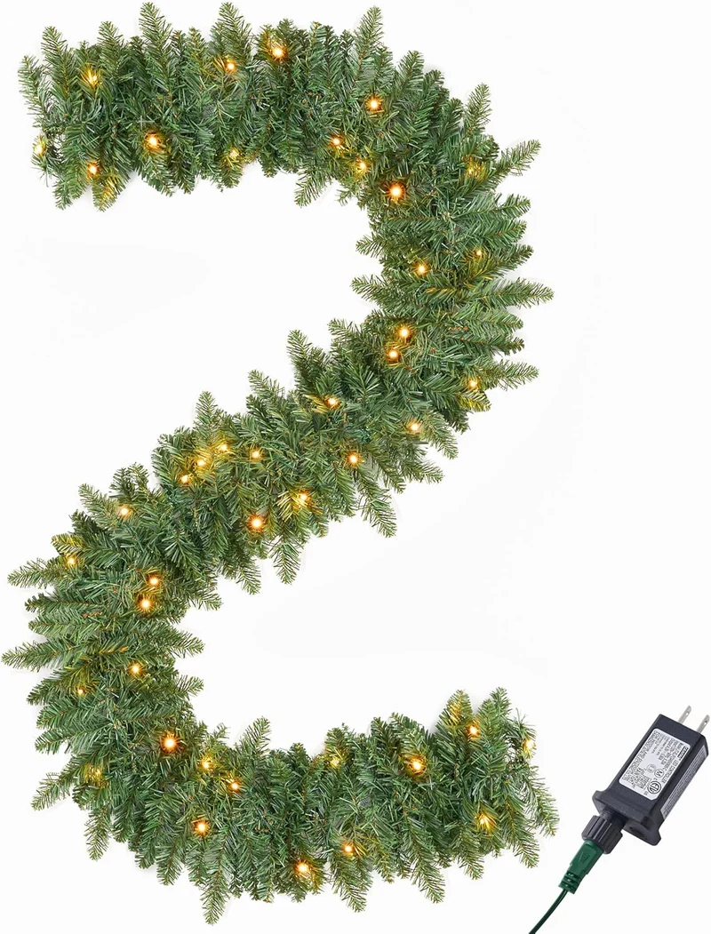 9Ft Christmas Garland Prelit w/ 50CT Light, Plug in Lighted Indoor and Outdoor Holiday Decorations