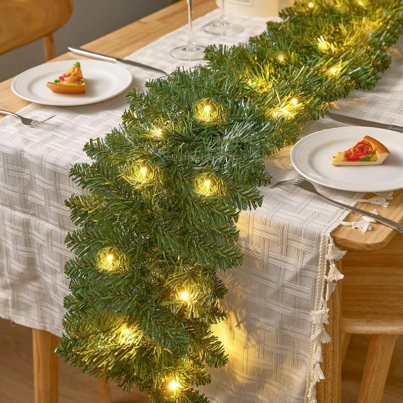 9Ft Christmas Garland Prelit w/ 50CT Light, Plug in Lighted Indoor and Outdoor Holiday Decorations