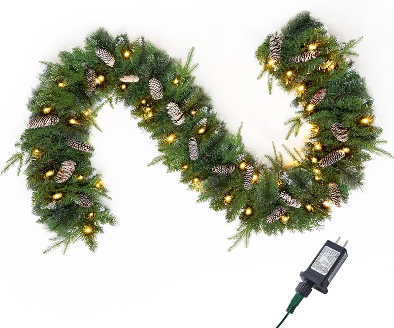 9FT Christmas Flocked Garland (Cone) Pre Lit w/ 50CT Warm White String Lights Decorated w/ Pine Cones