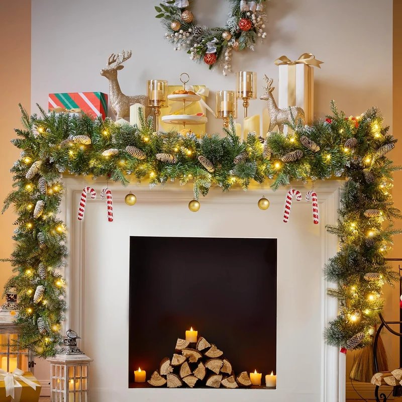 9FT Christmas Flocked Garland (Cone) Pre Lit w/ 50CT Warm White String Lights Decorated w/ Pine Cones