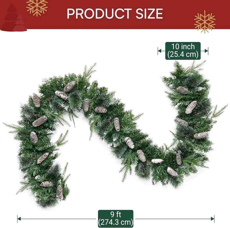 9FT Christmas Flocked Garland (Cone) Pre Lit w/ 50CT Warm White String Lights Decorated w/ Pine Cones