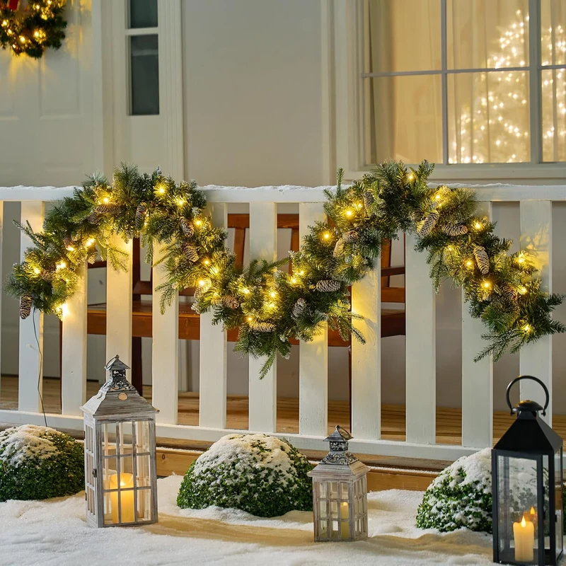 9FT Christmas Flocked Garland (Cone) Pre Lit w/ 50CT Warm White String Lights Decorated w/ Pine Cones