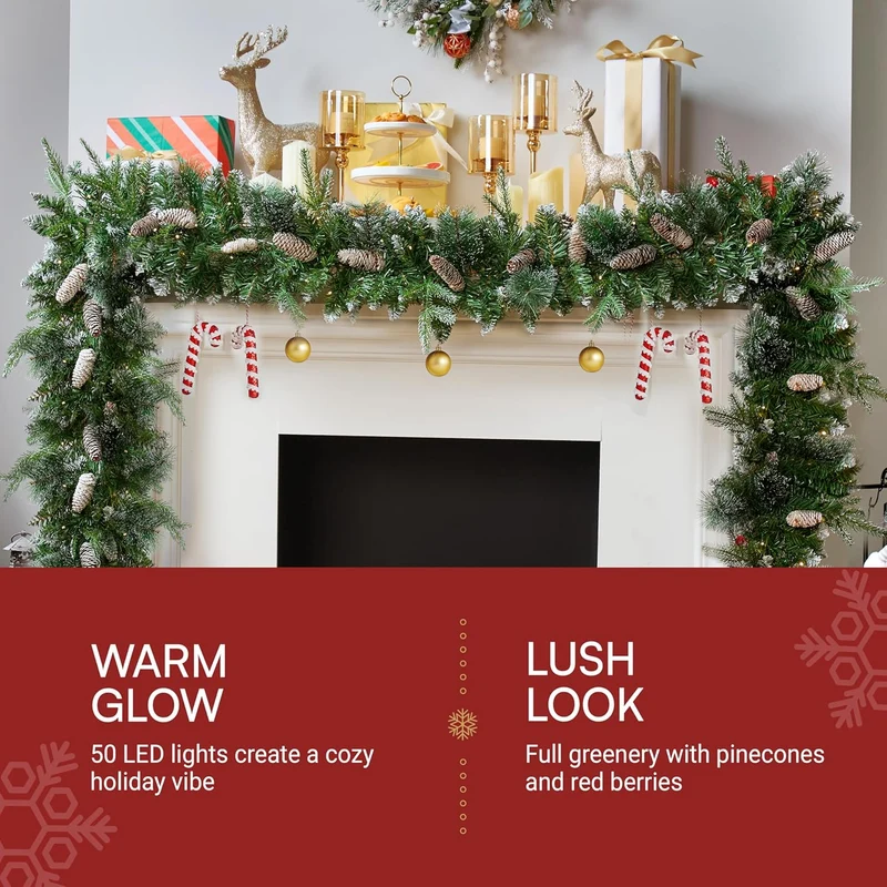 9FT Christmas Flocked Garland (Cone) Pre Lit w/ 50CT Warm White String Lights Decorated w/ Pine Cones
