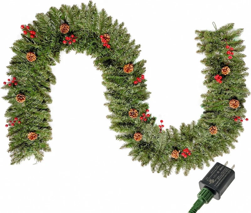9 FT Artificial Christmas Garland Prelit w/ 50CT Warm White String Lights, Pine Cones and Red Berries Plug in Lighted Pine Garland