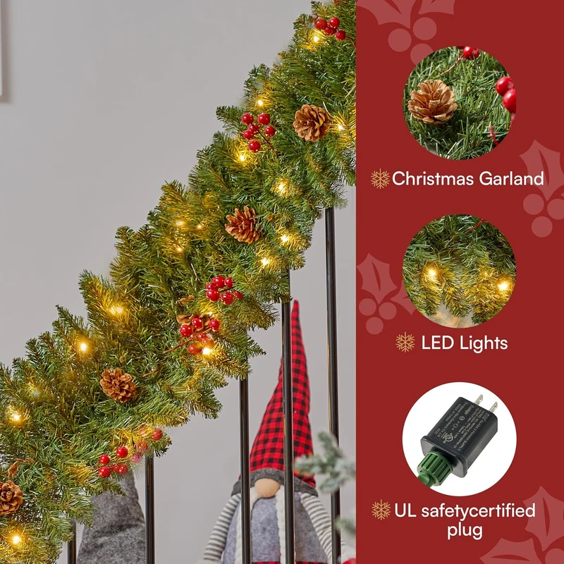 9 FT Artificial Christmas Garland Prelit w/ 50CT Warm White String Lights, Pine Cones and Red Berries Plug in Lighted Pine Garland