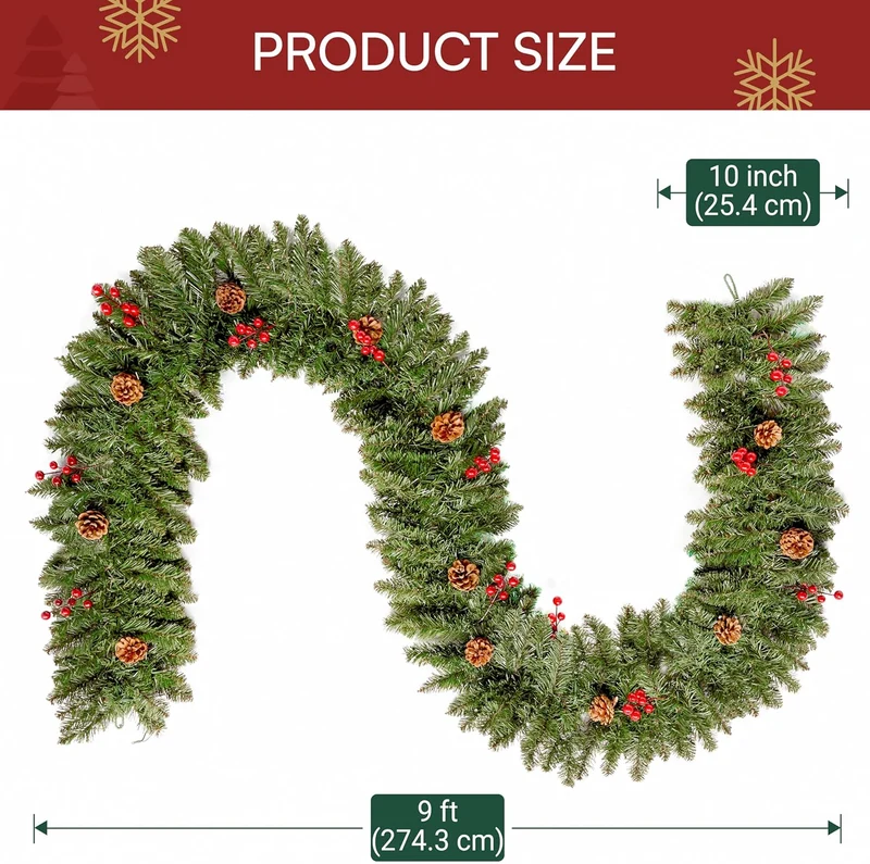9 FT Artificial Christmas Garland Prelit w/ 50CT Warm White String Lights, Pine Cones and Red Berries Plug in Lighted Pine Garland