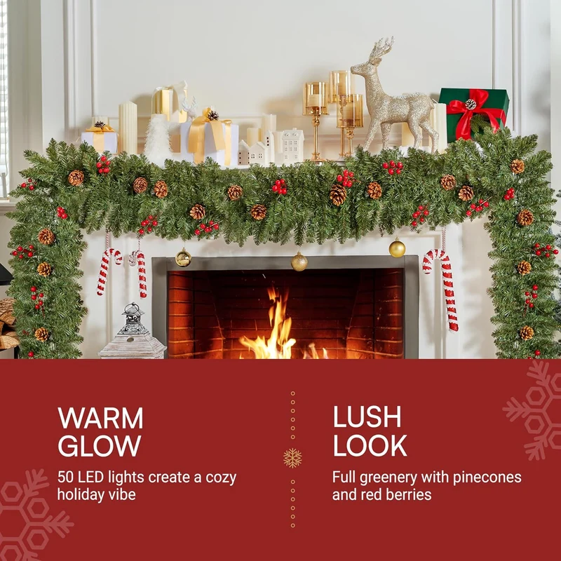 9 FT Artificial Christmas Garland Prelit w/ 50CT Warm White String Lights, Pine Cones and Red Berries Plug in Lighted Pine Garland