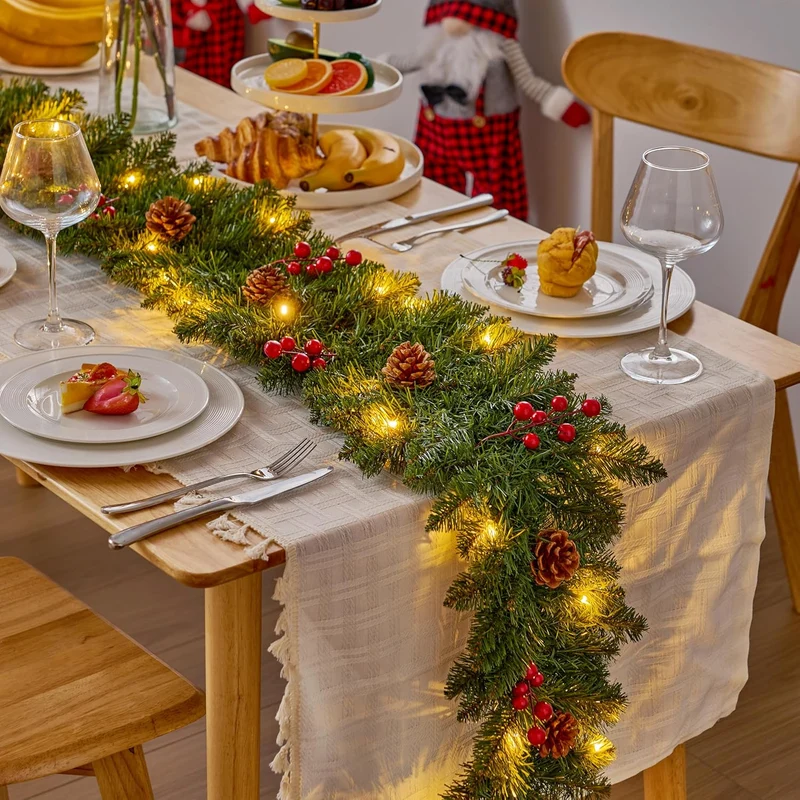 9 FT Artificial Christmas Garland Prelit w/ 50CT Warm White String Lights, Pine Cones and Red Berries Plug in Lighted Pine Garland