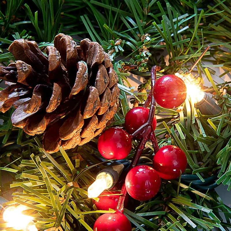 9 FT Artificial Christmas Garland Prelit w/ 50CT Warm White String Lights, Pine Cones and Red Berries Plug in Lighted Pine Garland