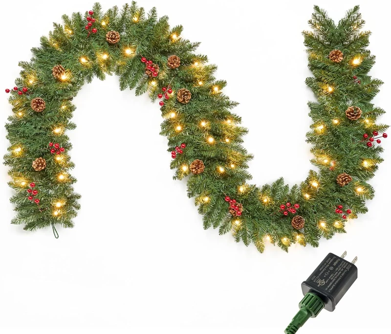 9 FT Artificial Christmas Garland Prelit w/ 50CT Warm White String Lights, Pine Cones and Red Berries Plug in Lighted Pine Garland