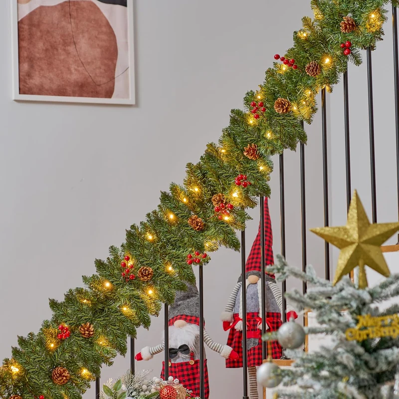 9 FT Artificial Christmas Garland Prelit w/ 50CT Warm White String Lights, Pine Cones and Red Berries Plug in Lighted Pine Garland