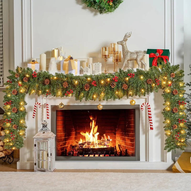 9 FT Artificial Christmas Garland Prelit w/ 50CT Warm White String Lights, Pine Cones and Red Berries Plug in Lighted Pine Garland