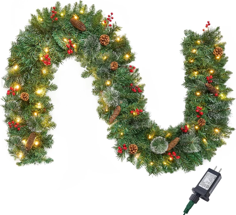 9FT Christmas Garland Prelit w/ 50CT String Lights, Bristle, Pine Cones, Holly Berries Holidays Decorations, Plug in Lighted Pine Garland