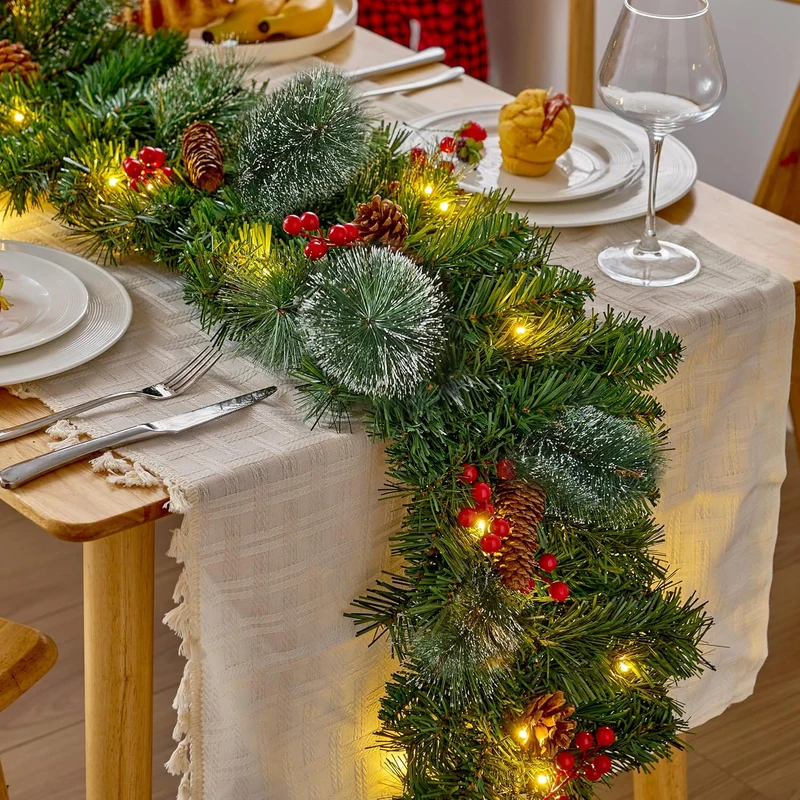 9FT Christmas Garland Prelit w/ 50CT String Lights, Bristle, Pine Cones, Holly Berries Holidays Decorations, Plug in Lighted Pine Garland
