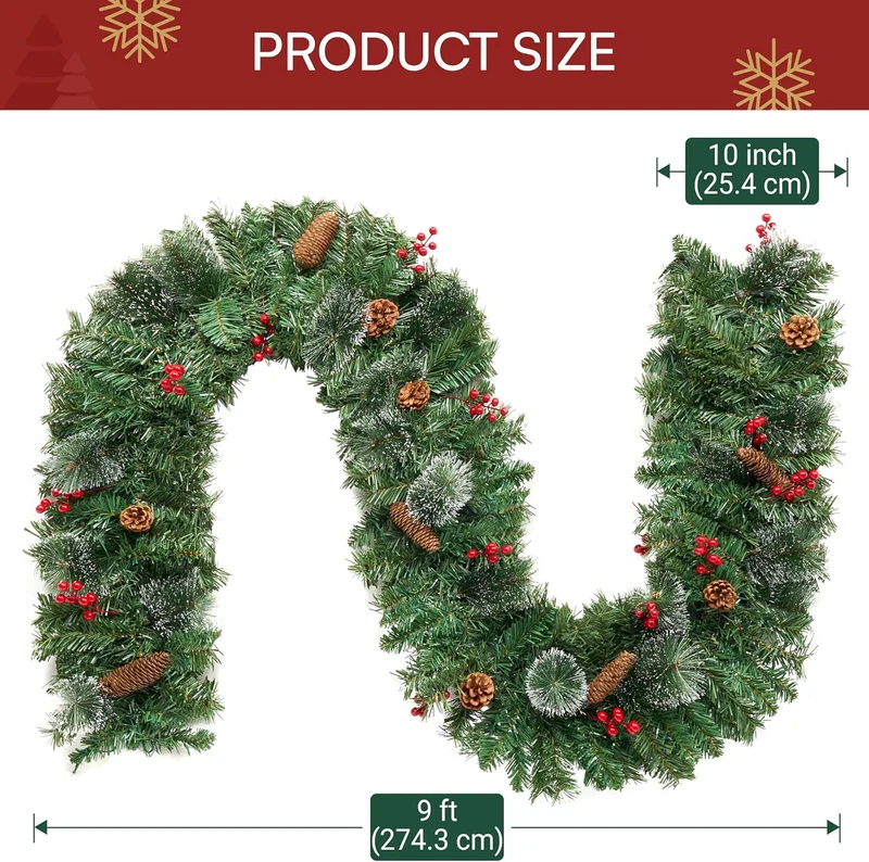 9FT Christmas Garland Prelit w/ 50CT String Lights, Bristle, Pine Cones, Holly Berries Holidays Decorations, Plug in Lighted Pine Garland