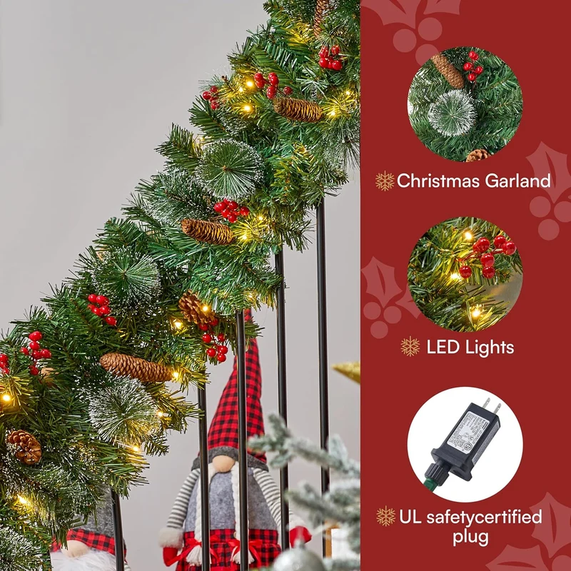 9FT Christmas Garland Prelit w/ 50CT String Lights, Bristle, Pine Cones, Holly Berries Holidays Decorations, Plug in Lighted Pine Garland