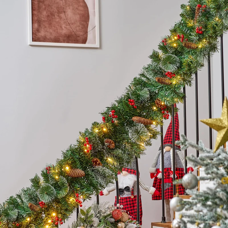 9FT Christmas Garland Prelit w/ 50CT String Lights, Bristle, Pine Cones, Holly Berries Holidays Decorations, Plug in Lighted Pine Garland