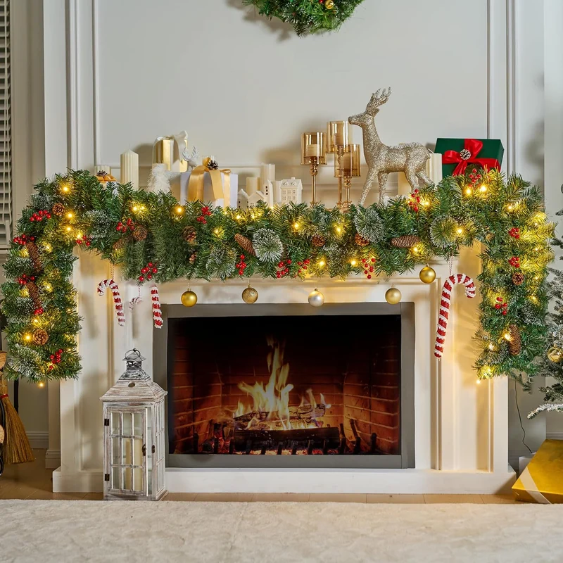 9FT Christmas Garland Prelit w/ 50CT String Lights, Bristle, Pine Cones, Holly Berries Holidays Decorations, Plug in Lighted Pine Garland
