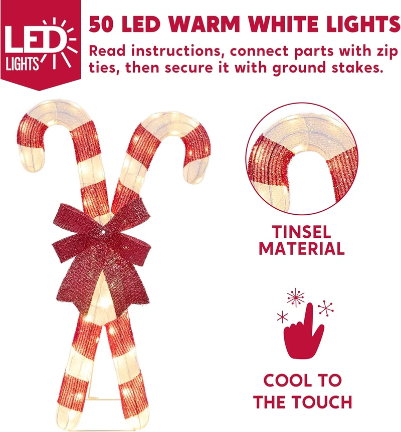 Lighted Candy Cane Christmas Decorations Outdoor, 50 Pre-Lit LED Warm White w/ Metal Stakes for Outside Porch