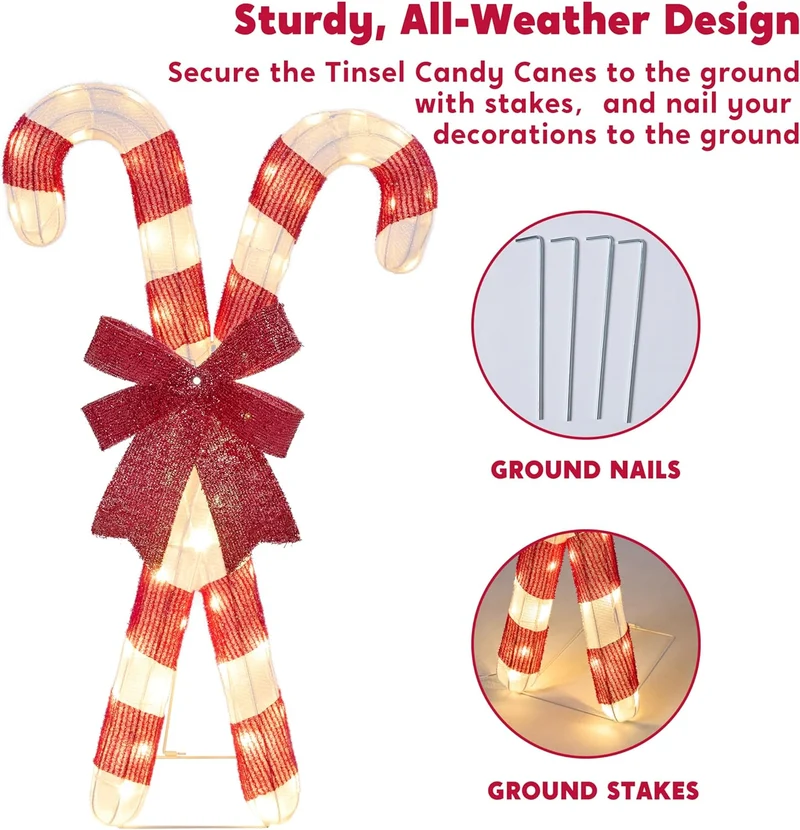 Lighted Candy Cane Christmas Decorations Outdoor, 50 Pre-Lit LED Warm White w/ Metal Stakes for Outside Porch