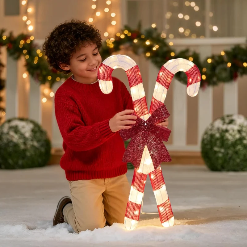 Lighted Candy Cane Christmas Decorations Outdoor, 50 Pre-Lit LED Warm White w/ Metal Stakes for Outside Porch