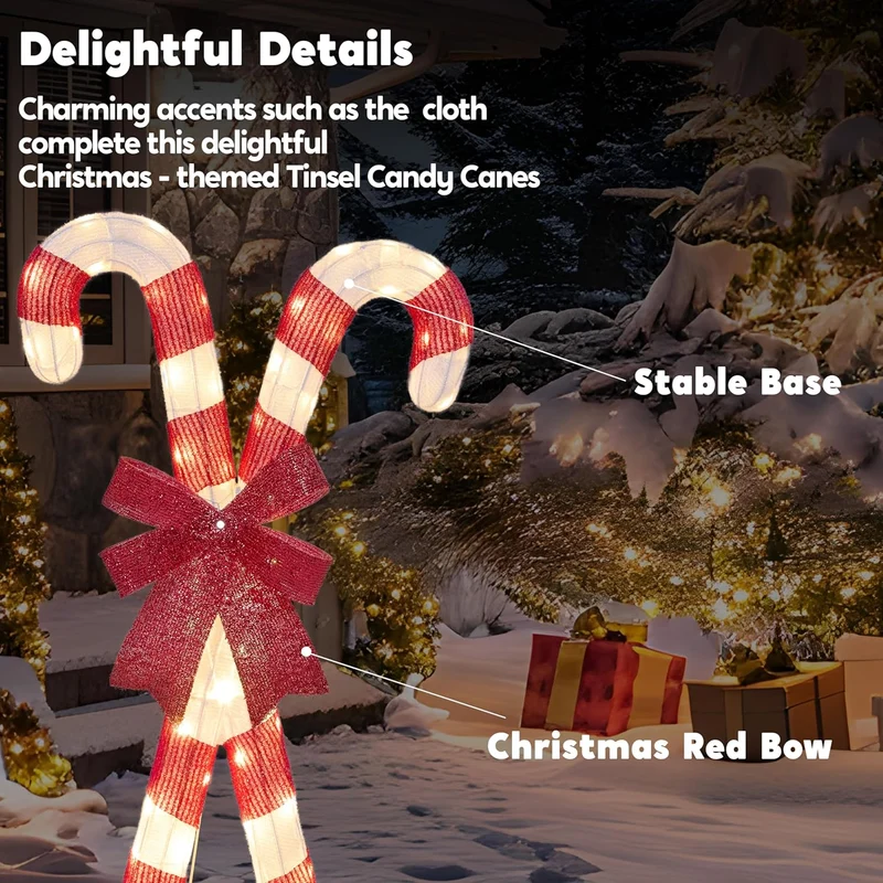Lighted Candy Cane Christmas Decorations Outdoor, 50 Pre-Lit LED Warm White w/ Metal Stakes for Outside Porch